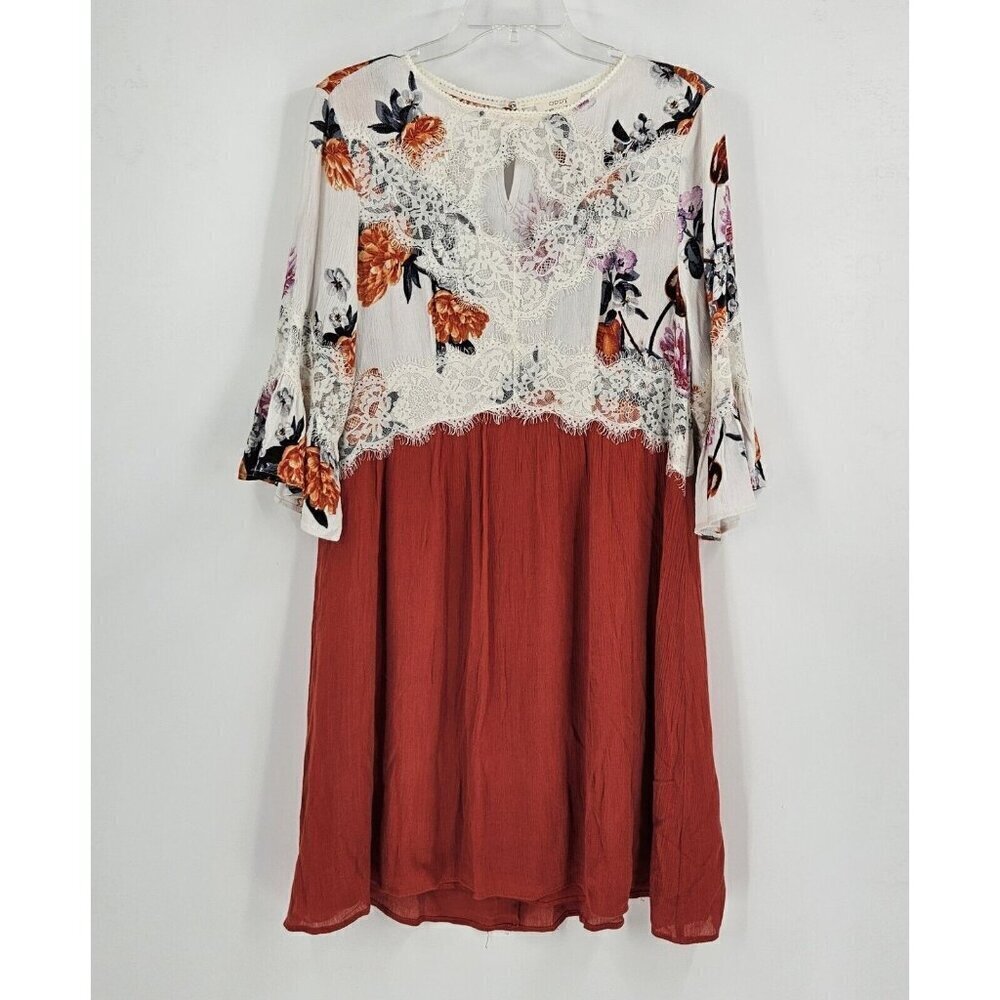Oddy Womens Sz L Mini Dress Burnt Orange Skirt Floral Upper w/Lace Detailing